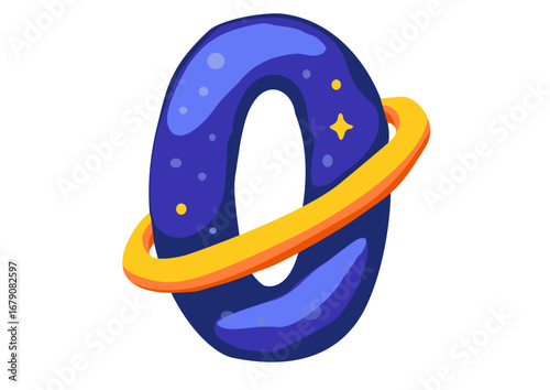 Cartoon number zero with a galaxy-themed design, featuring stars and a yellow-orange ring resembling Saturn’s orbit.