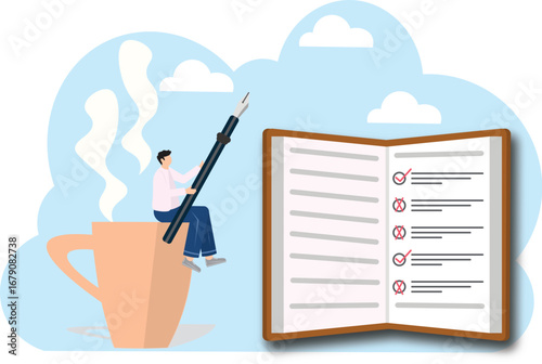 Content writer, blogger, bullet journalist or publishing editor concept, young smart woman freelance holding big pencil thinking and writing content on notepad paper with cup of coffee.