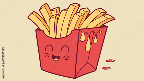 Illustration of a happy red french fries container with golden fries and sauce dripping down the side