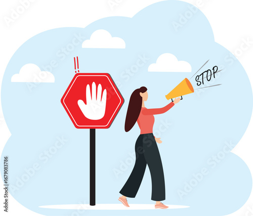 Forbidden warning, prohibition, don't do or stop rule, false or restriction, danger, bad hazard disallow message, illegal or ban concept, business people announce forbidden message with prohibit sign.