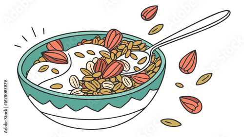 A bowl of granola with yogurt almonds and seeds with a spoon on a white background illustration