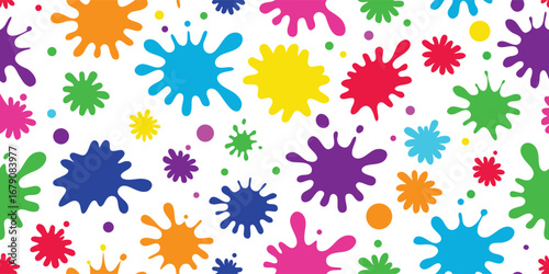 Vibrant and playful abstract pattern of colorful paint splatters and splashes in various sizes and bright hues creating a festive and energetic background design
