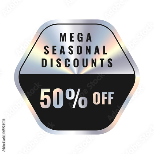 Mega seasonal discounts 50%. Isolated holographic sticker vector.