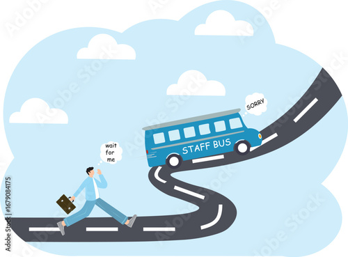 Left behind, exclusion or forgotten employee, failure or mistake to come late and miss the bus, opportunity gone away concept, frustrated businessman come late running to catch the run away bus