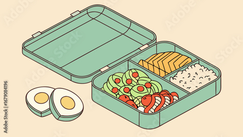An open lunchbox filled with avocado tomatoes mango rice and two halves of a boiled egg on the side