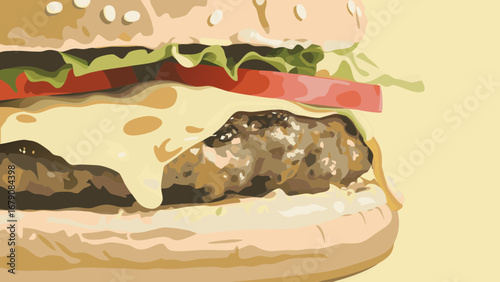 Close up of a cheeseburger with lettuce tomato and a sesame seed bun against a light yellow background