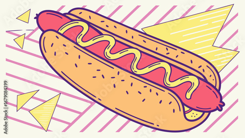 An illustration of a hotdog with mustard on a bun with geometric shapes in the background art style