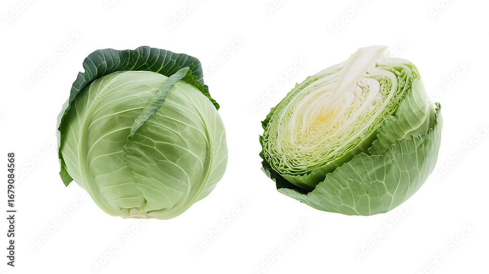 Fototapeta premium A whole head of green cabbage is shown next to one that has been cut in half.