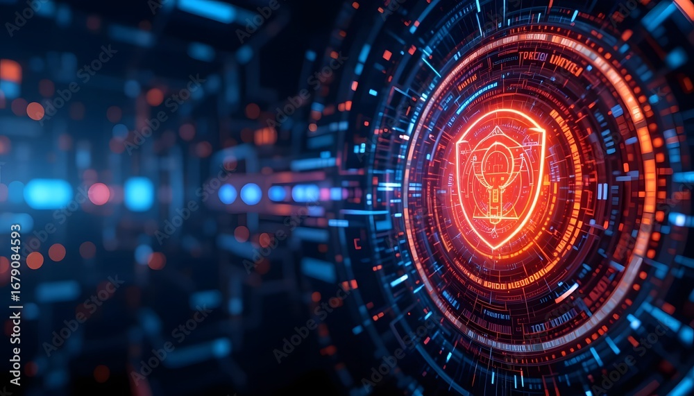 Fototapeta premium Cybersecurity Digital Shield Hologram with Glowing Neon Layers