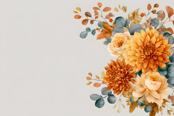 Autumn floral corner border with dahlia, rose and eualyptus leaves. Fall frame banner, background. Burntorange flowers, yellow, teracotta foliage. Watercolo illustration. Rustic weddng