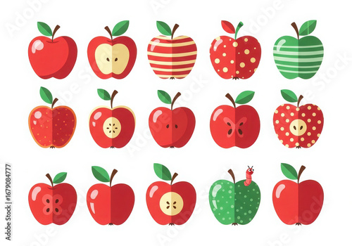 Collection of fifteen stylized red and green apples with various patterns and designs