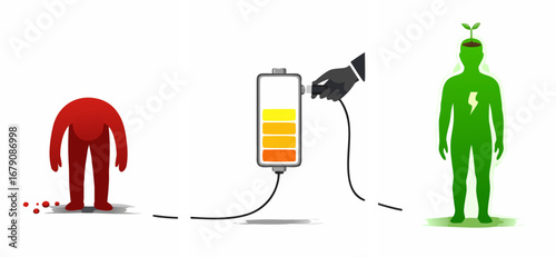 A triptych about burnout and rejuvenation. From complete exhaustion (red) to the process of recharging and new green energy (growth). A symbol of mental health and balance.