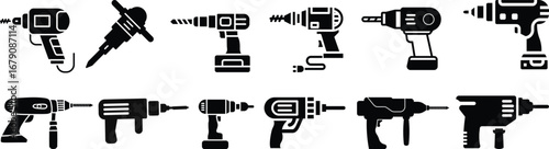 Drill machine icon set.Electric screwdriver glyph icon. Symbol, logo illustration. Vector graphics.hand drill icon design, flat style icon collection.