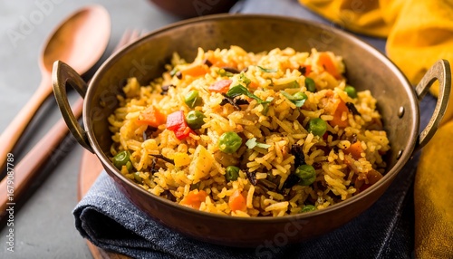 A bowl of vegetable rice pilaf, garnished with fresh herbs, sits on a dark blue napkin