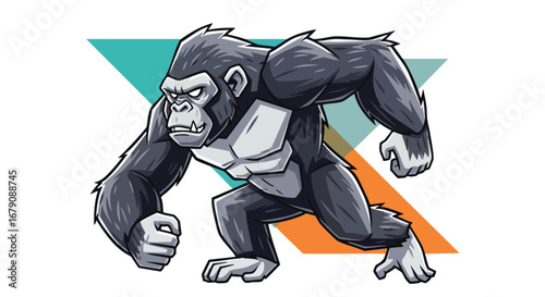 Animated vector illustration depicting a determined gorilla mascot with geometric backgrounds and muscular detailing ready for action and