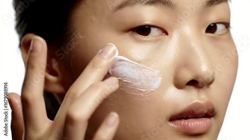 Young Woman Applying Facial Cream Gently with Eye Level on Her Fair Skin in a Bright White Background Perfect for Skincare Promotion Ads and Celebrate National Beauty Day Events