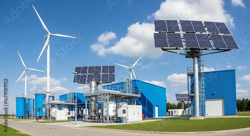 Renewable energy complex with wind turbines and solar panels