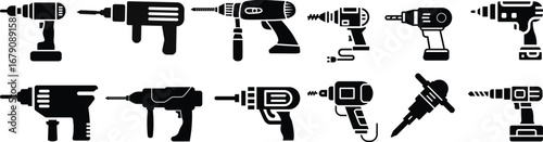 Drill machine icon set.Electric screwdriver glyph icon. Symbol, logo illustration. Vector graphics.hand drill icon design, flat style icon collection.