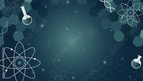 Abstract science background featuring atoms dna molecules hexagonal grid and lab flask perfect for research technology education medical projects and innovative presentations