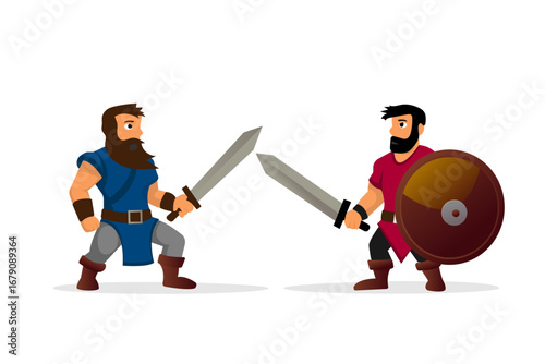 Two fighters characters in a duel stance with swords without background characters for the game