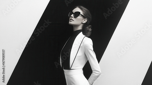 A chic, high-contrast editorial spread using classic black-and-white imagery, sleek silhouettes, and minimal settings for a refined fashion statement
