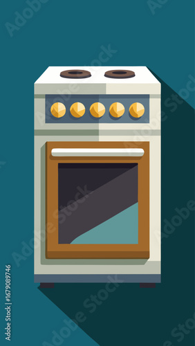 A stove with a blue door and yellow knobs. The stove is white and has a blue door