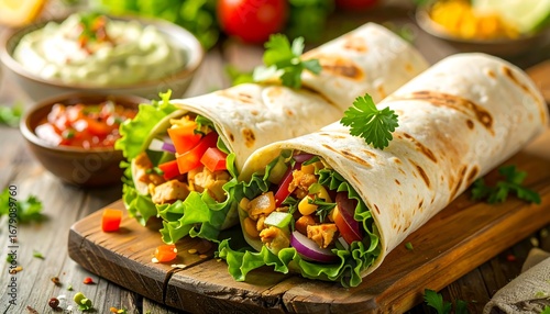 Freshly made burritos on a wooden board