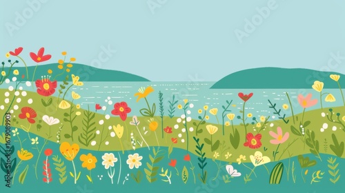 Bright Spring Illustration: Hand-Drawn Sea of Flowers with Yellow, White & Red Blooms for Wallpaper