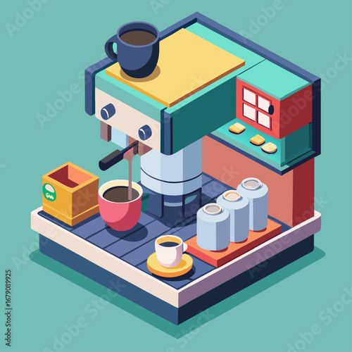 A coffee machine with a cup of coffee on top of it. The coffee machine is colorful and has a box of tea nearby