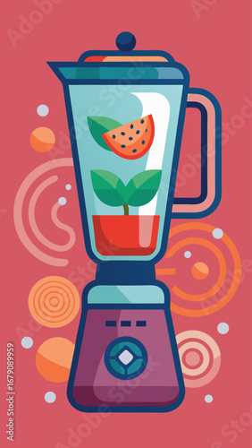 A blender with a bunch of fruits and vegetables on the side. The blender is on a white background