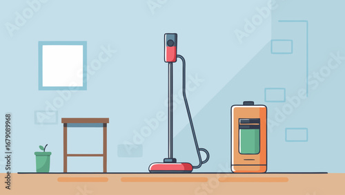 A vacuum cleaner is on a table next to a chair. The vacuum cleaner is red and black