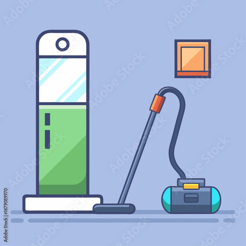 A vacuum cleaner is on a table next to a chair. The vacuum cleaner is red and black