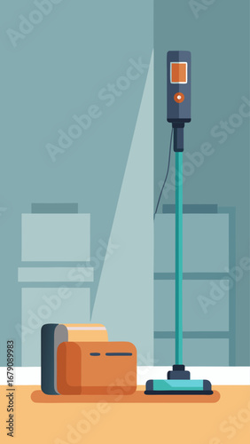 A vacuum cleaner is on a table next to a chair. The vacuum cleaner is red and black