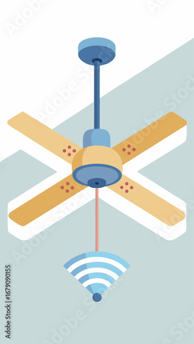 A fan is hanging from the ceiling with a clock and a wifi router. The fan is green and has a white light