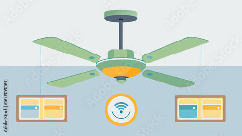 A fan is hanging from the ceiling with a clock and a wifi router. The fan is green and has a white light
