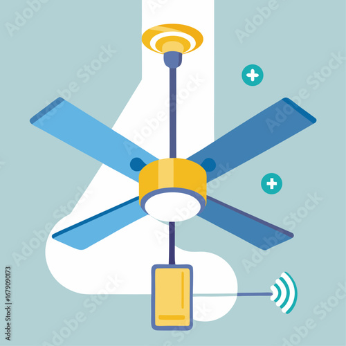 A fan is hanging from the ceiling with a clock and a wifi router. The fan is green and has a white light