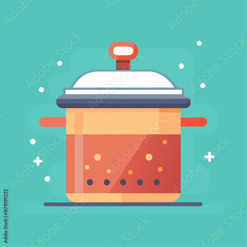 A cartoonish image of a pot with a lid on top. The pot is filled with a bubbling liquid, and the lid is slightly ajar. The image has a playful and whimsical mood, with the pot