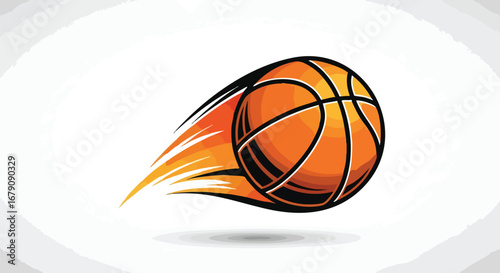 Dynamic vector art featuring a basketball in motion, evoking energy and dynamism with flame-like speed lines against a bright background