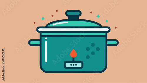 A cartoonish image of a pot with a lid on top. The pot is filled with a bubbling liquid, and the lid is slightly ajar. The image has a playful and whimsical mood, with the pot