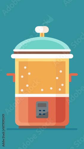 A cartoonish image of a pot with a lid on top. The pot is filled with a bubbling liquid, and the lid is slightly ajar. The image has a playful and whimsical mood, with the pot
