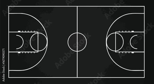 Minimalist dark basketball court illustration depicting sporting venue boundaries and structure creating a strategic playground aesthetic