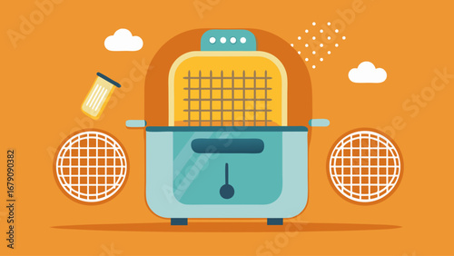 A red appliance with a blue button on it. The appliance is surrounded by other objects, including a bottle and a cup