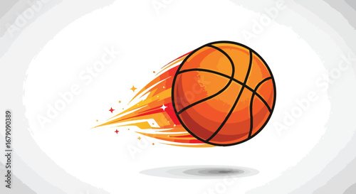 Stylized basketball soaring with fiery trail, depicting dynamic motion and athleticism, ideal for sports themed designs