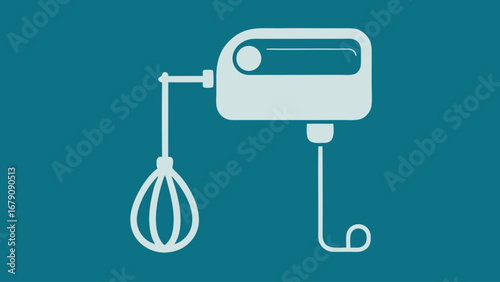 A blue and white image of a mixer and whisk. The mixer is on the left side of the image and the whisk is on the right side. Concept of cooking and baking
