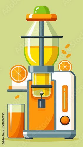 A cartoon drawing of a juicer with a green umbrella and a bunch of oranges. The oranges are scattered around the juicer and the umbrella, creating a fun and playful atmosphere