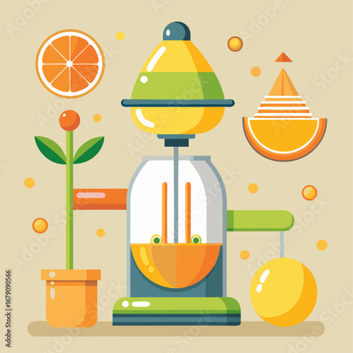 A cartoon drawing of a juicer with a green umbrella and a bunch of oranges. The oranges are scattered around the juicer and the umbrella, creating a fun and playful atmosphere