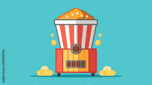 A red and white popcorn machine with a yellow and white stripe. The machine is on a blue background