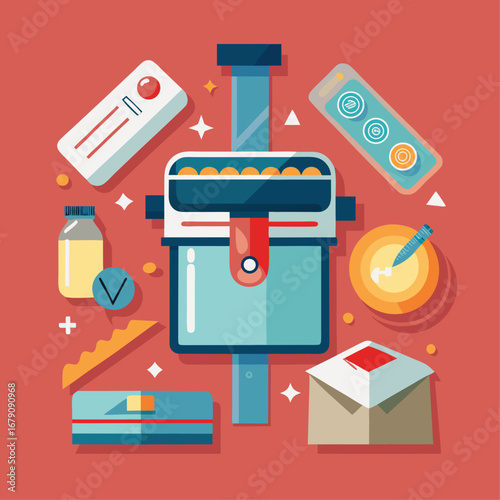 A blue box with a red label that says "V" on it. The box is surrounded by other items such as a bottle, a cup, and a pen. Concept of organization and productivity