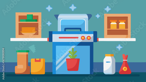 A blue box with a red label that says "V" on it. The box is surrounded by other items such as a bottle, a cup, and a pen. Concept of organization and productivity