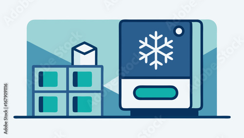 A blue and white image of a bottle of lotion next to a bottle of ice. The image is of a winter scene with a snowflake and a Christmas tree